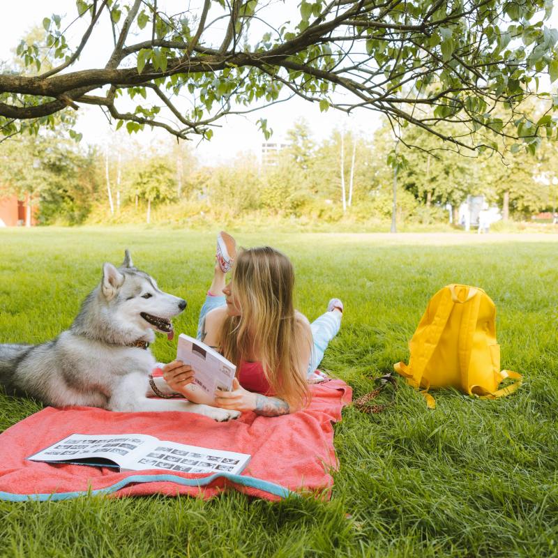 Female student, dog, college campus